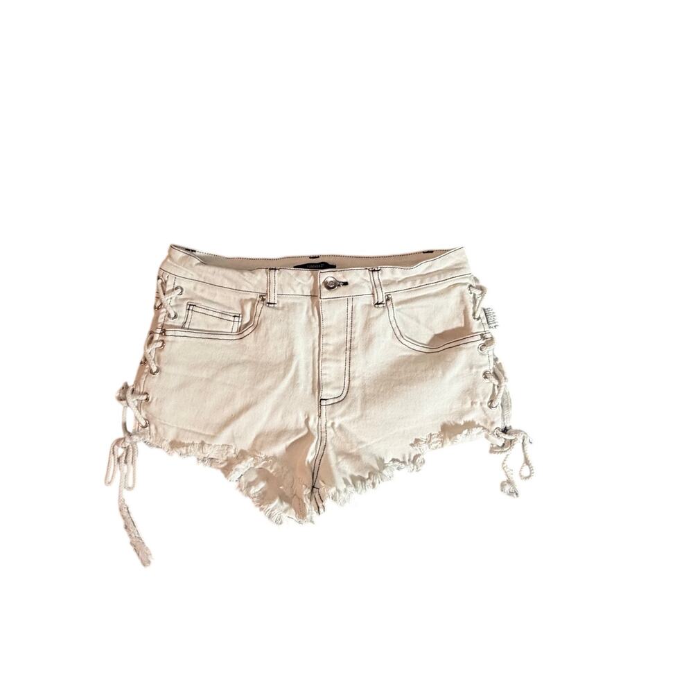 Forever 21 White Distressed Lace Up Denim Shorts Size Large y2k edgy style